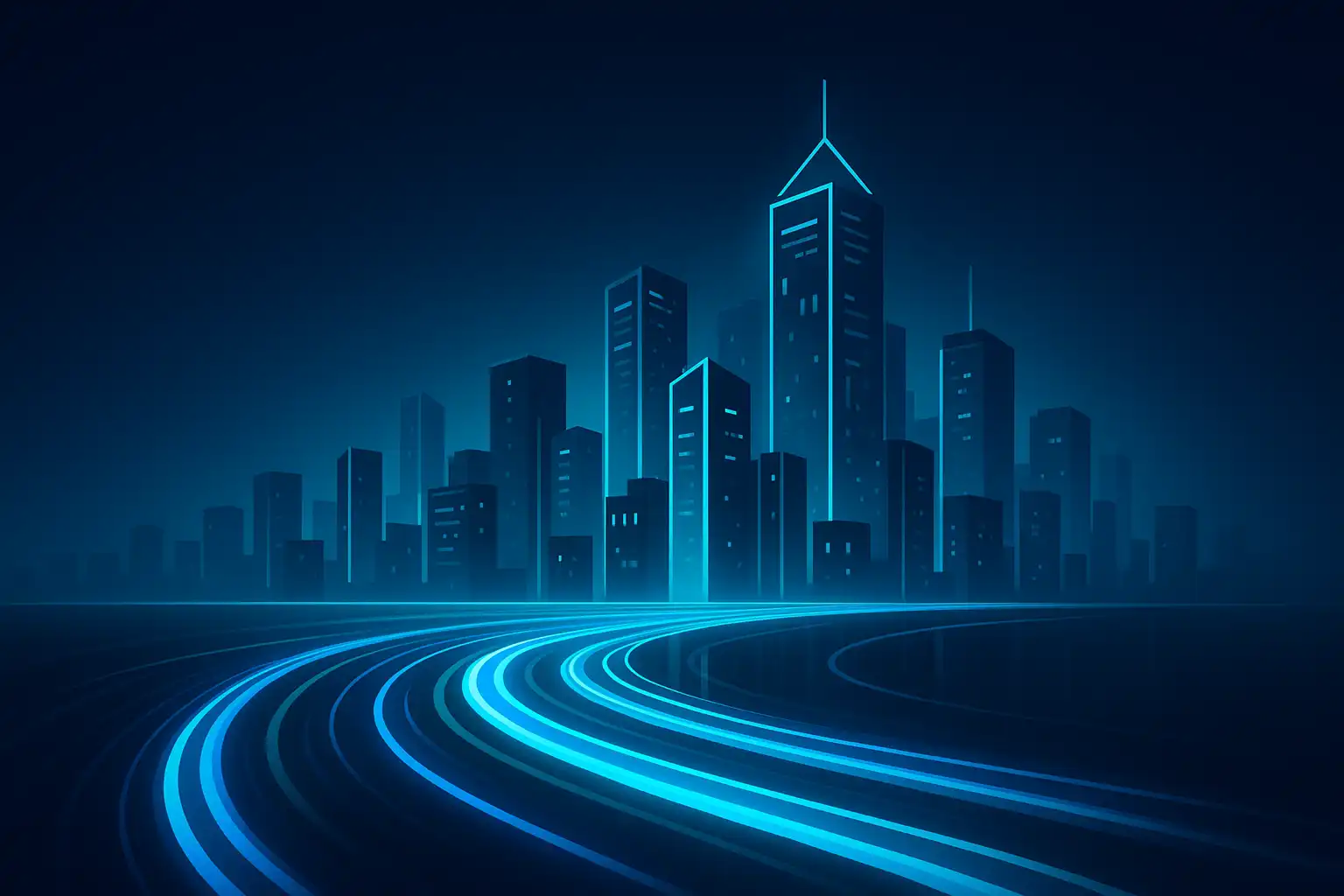 Neonblaue und türkisfarbene Stadtsilhouette als Logo-Artwork, stellvertretend für die Marke NeonStakes Casino