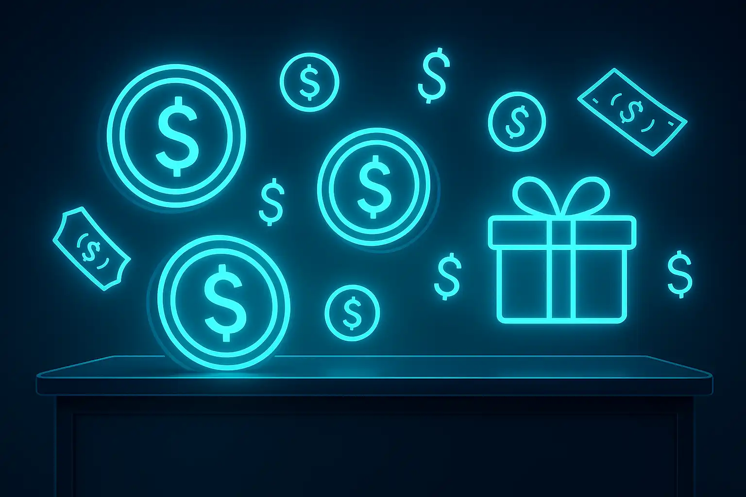 Pièces bonus et symboles d'argent néon lumineux représentant les promotions de NeonStakes Casino