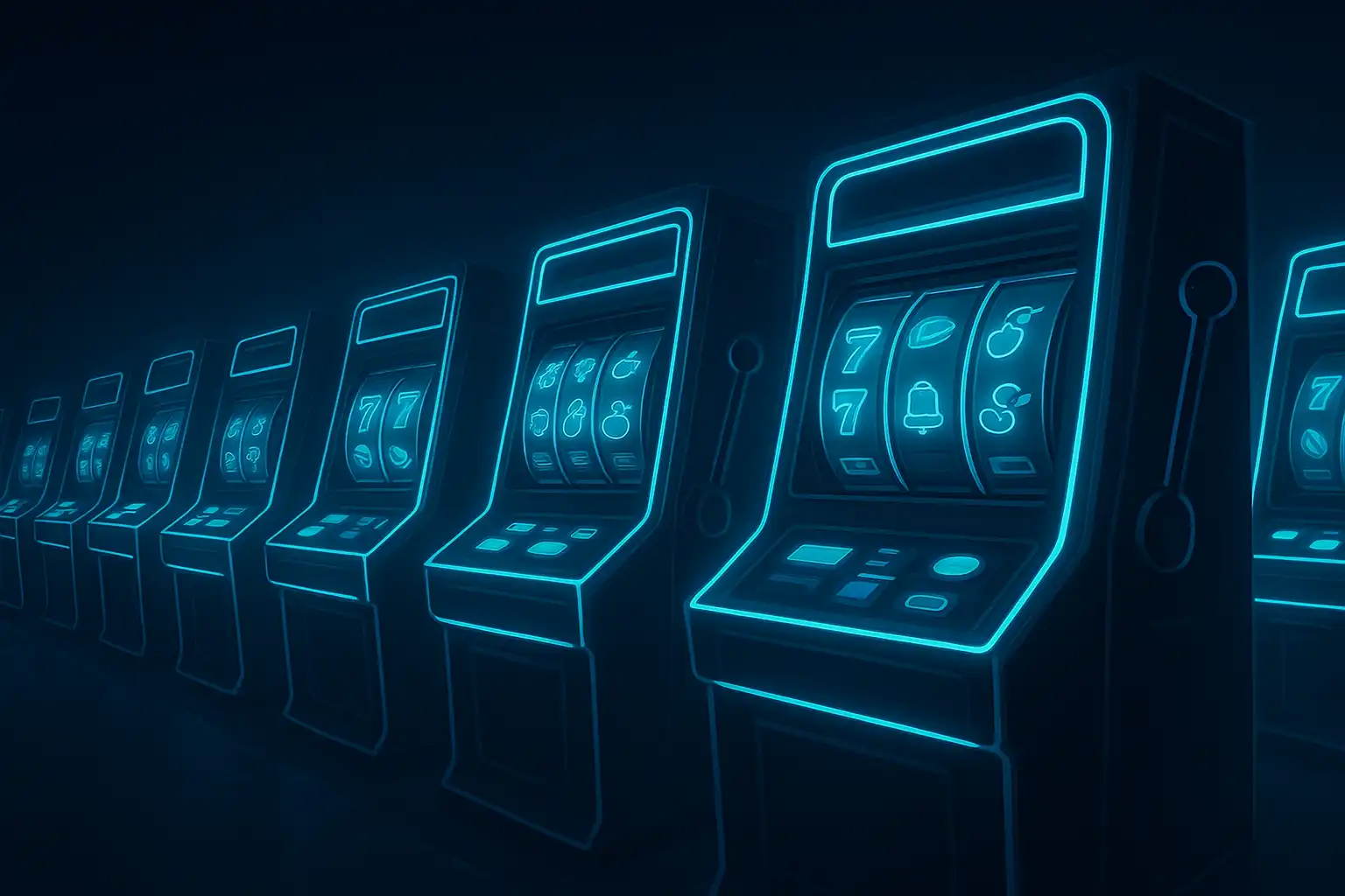 Grid of glowing neon slot machines representing the NeonStakes slots library